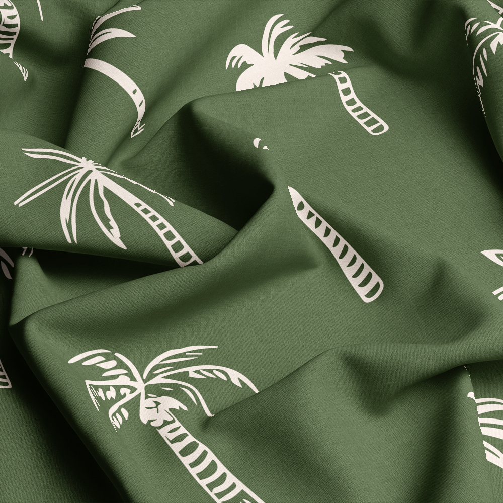 Vintage Hand Drawn Liberty Floral Fabric with Palm Tree On a Green Background – Custom Print Fabrics