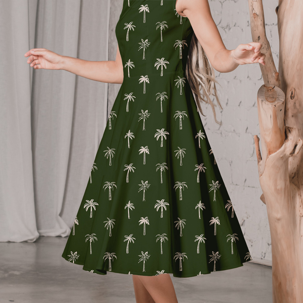 Vintage Hand Drawn Liberty Floral Fabric with Palm Tree On a Green Background – Custom Print Fabrics