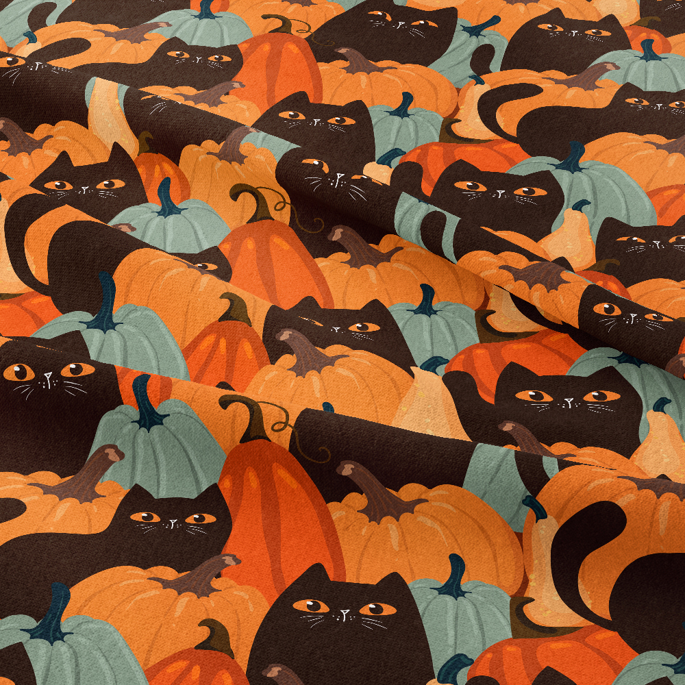 Halloween Cute Kawaii Design With Black Cats and Pumpkins - Custom Print Fabrics