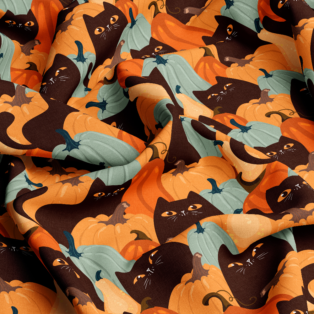 Halloween Cute Kawaii Design With Black Cats and Pumpkins - Custom Print Fabrics