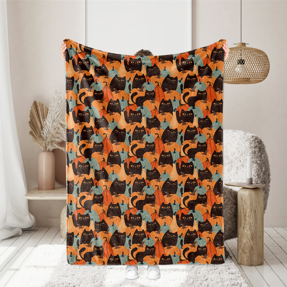 Halloween Cute Kawaii Design With Black Cats and Pumpkins - Custom Print Fabrics