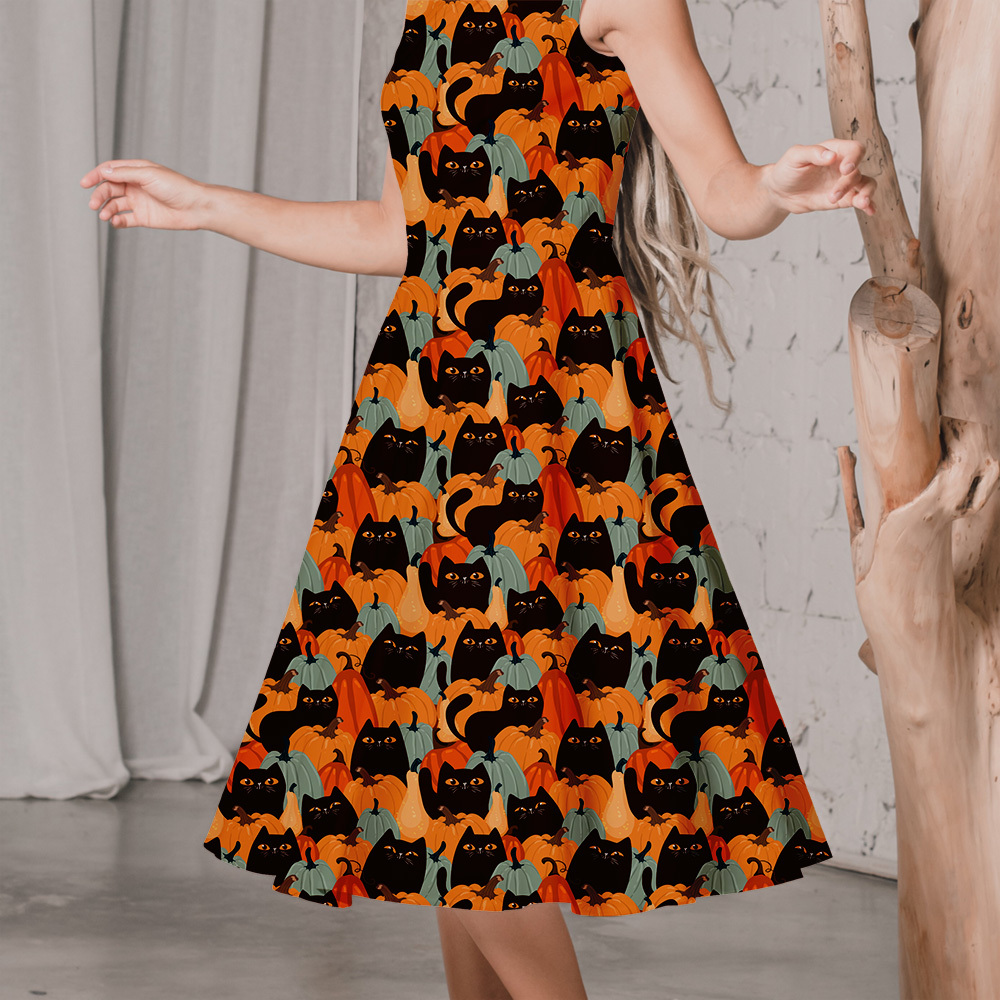 Halloween Cute Kawaii Design With Black Cats and Pumpkins - Custom Print Fabrics