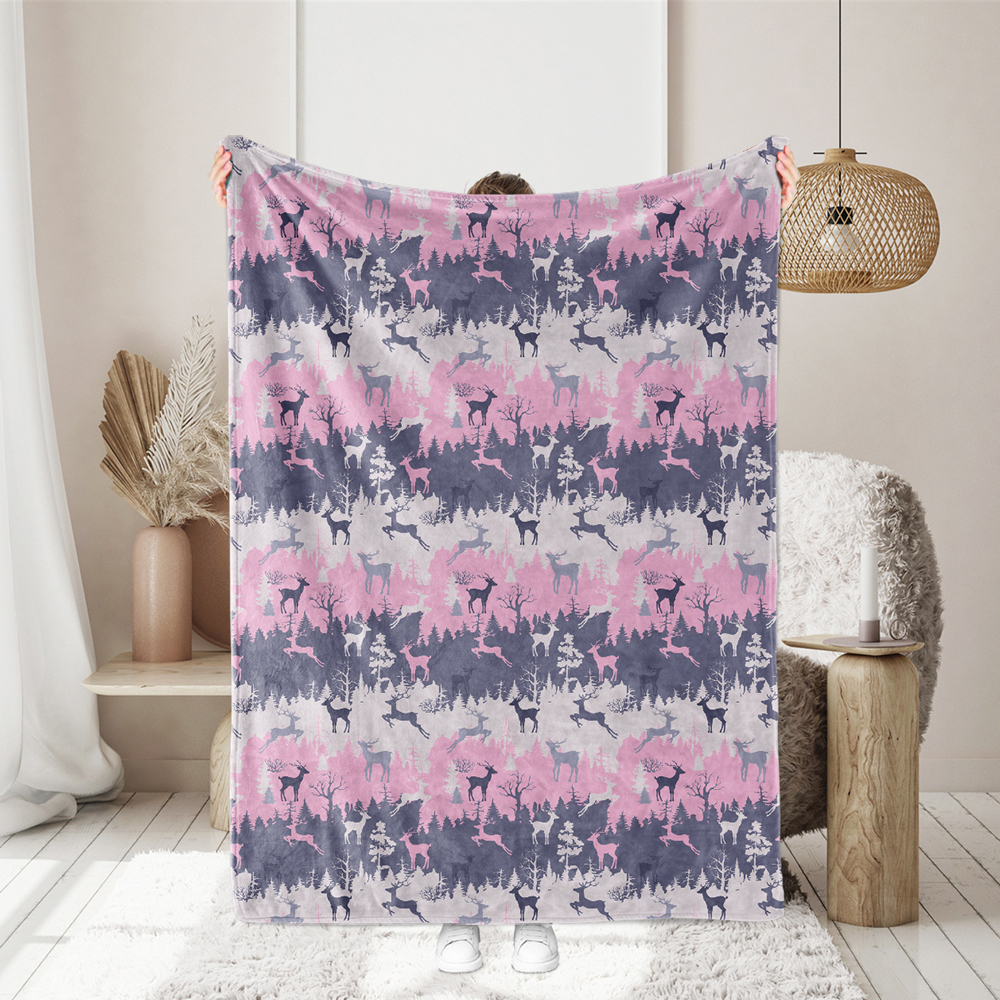Winter with Deer Silhouettes - Forest and Trees Pattern | Custom Print Fabrics