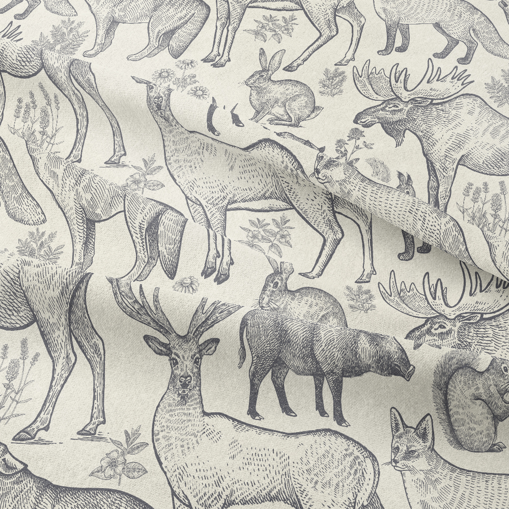 Forest Wild Animals Seamless Pattern Deer Wolf Fox Boar Squirrel Hare Elk And Flower - Custom Print Fabrics
