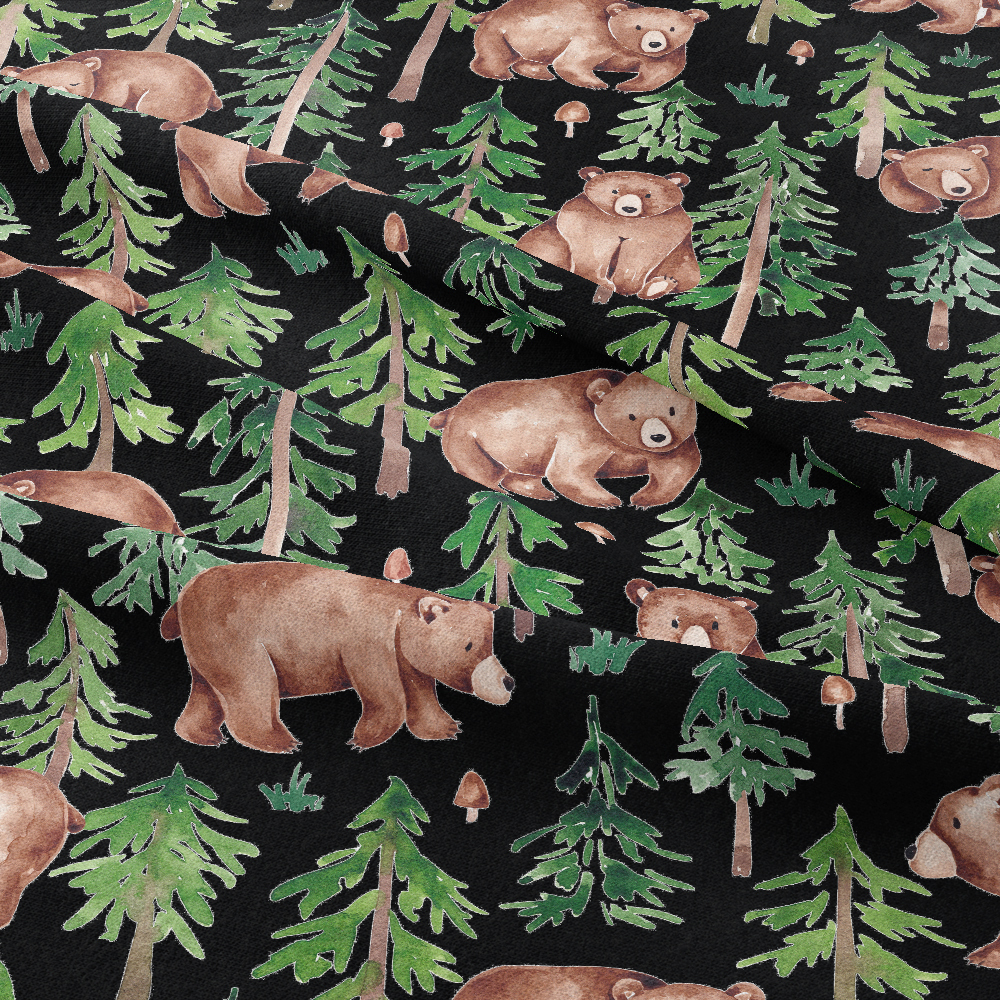 Watercolor Forest & Bears Seamless Pattern on Black Background | Custom Print Fabric - RABE005