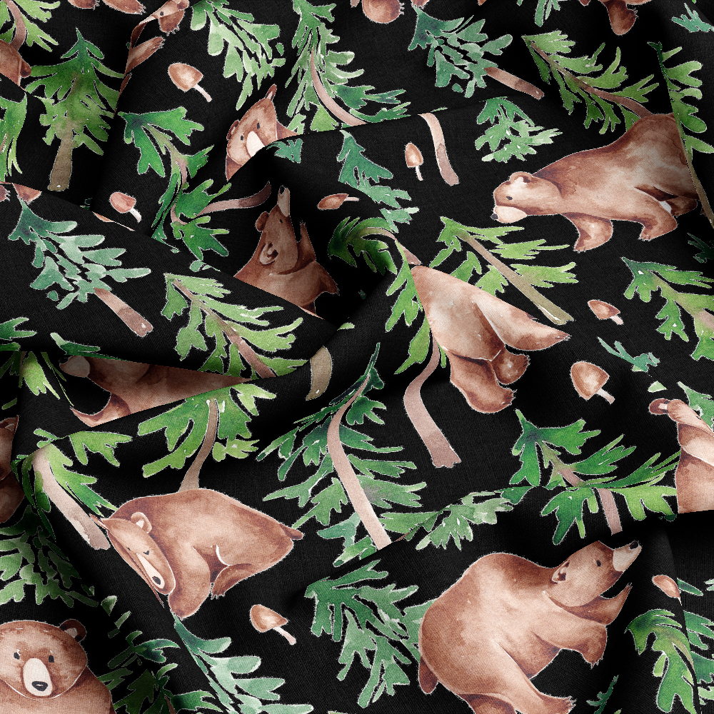 Watercolor Forest & Bears Seamless Pattern on Black Background | Custom Print Fabric - RABE005