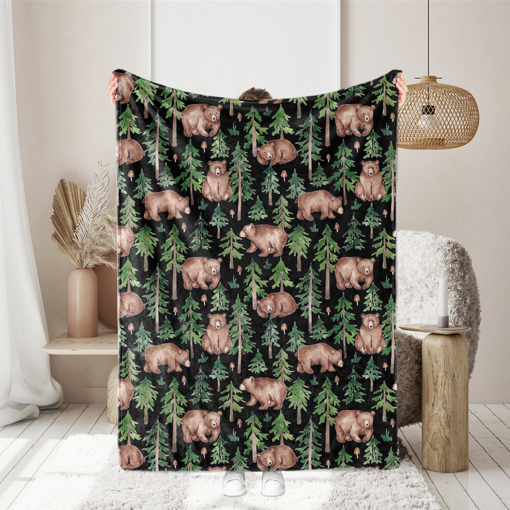 Watercolor Forest & Bears Seamless Pattern on Black Background | Custom Print Fabric - RABE005