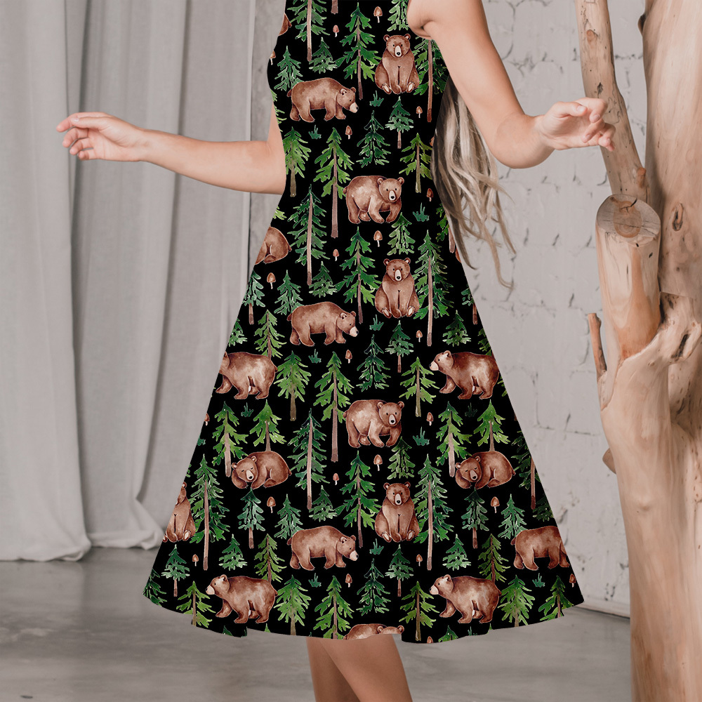 Watercolor Forest & Bears Seamless Pattern on Black Background | Custom Print Fabric - RABE005