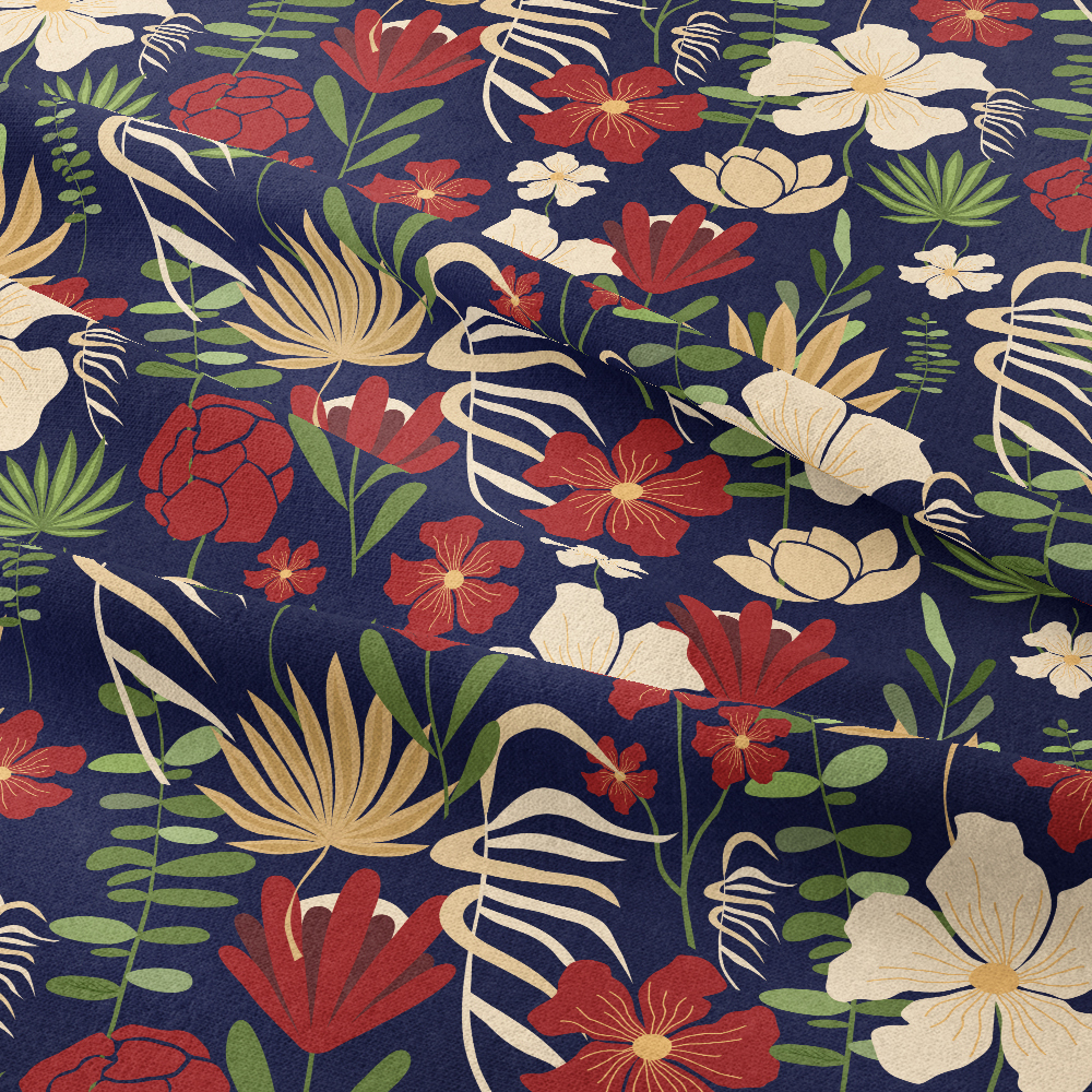 Beautiful Vintage Liberty Floral Fabric with Modern Botanical Floral Abstract on Navy Blue Background – Custom Print Fabrics