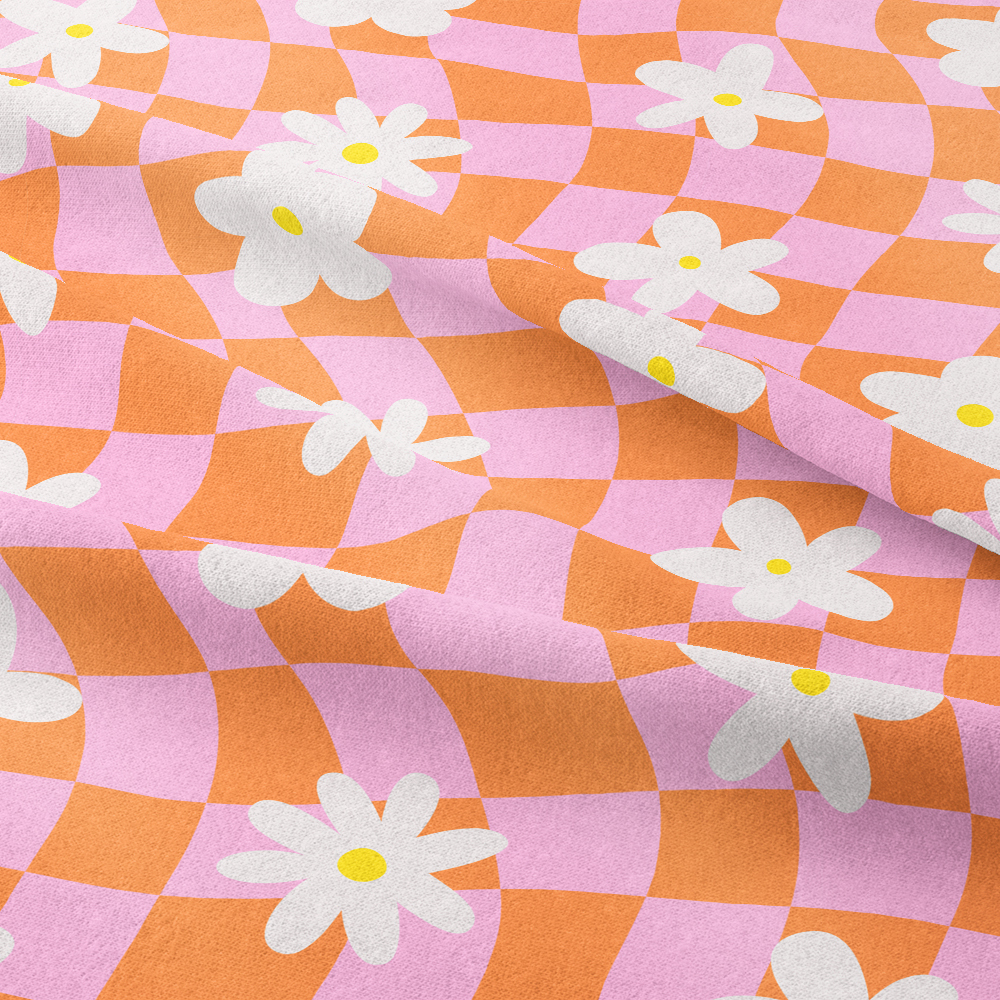 White Flowers On Orange And Pink Plaid - Seamless Pattern - Custom Print Fabrics