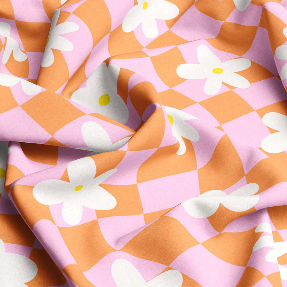 White Flowers On Orange And Pink Plaid - Seamless Pattern - Custom Print Fabrics