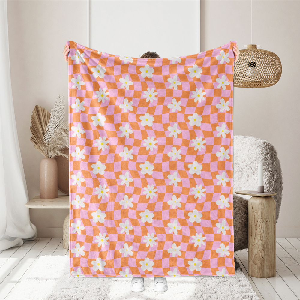 White Flowers On Orange And Pink Plaid - Seamless Pattern - Custom Print Fabrics