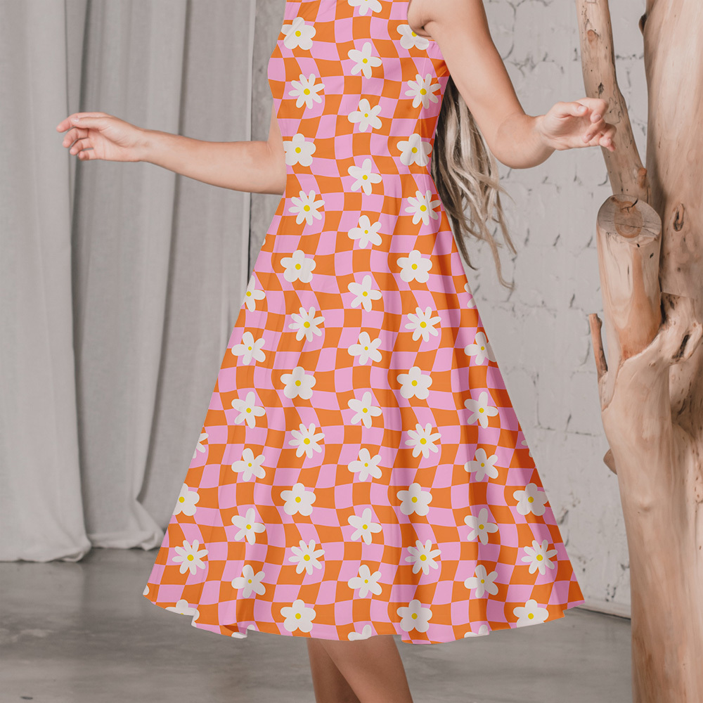 White Flowers On Orange And Pink Plaid - Seamless Pattern - Custom Print Fabrics