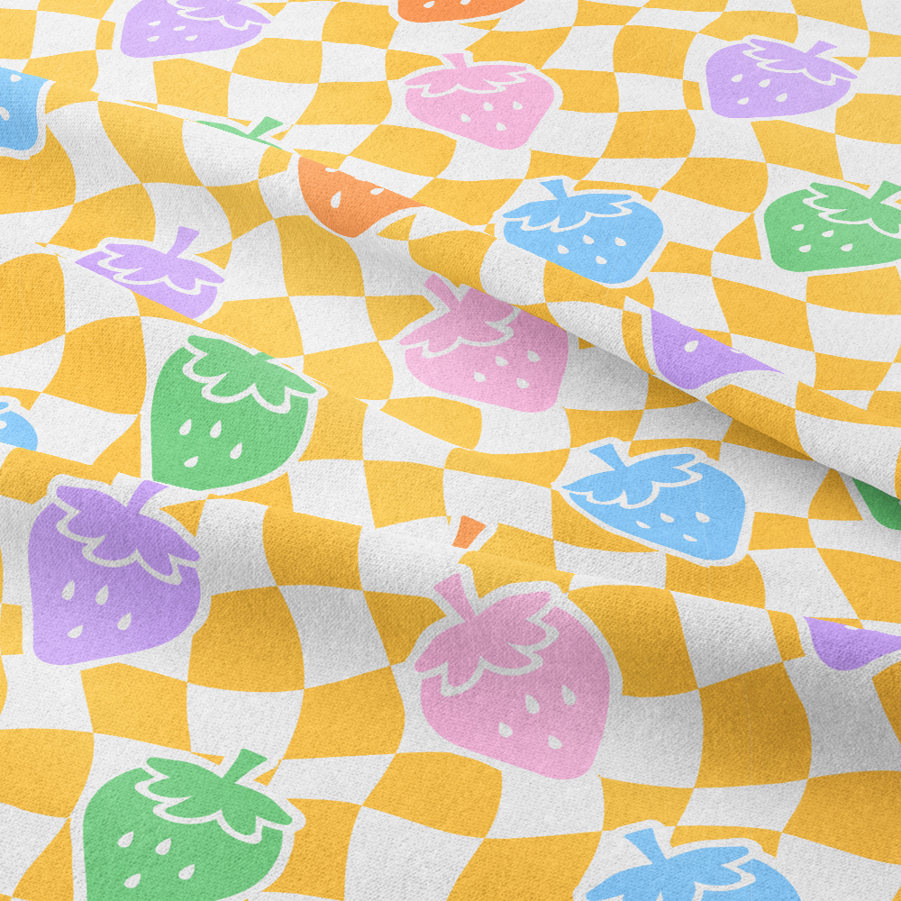Various Colors Of Strawberries On Yellow Lattice Seamless Pattern - Custom Print Fabrics