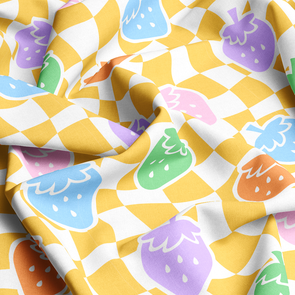 Various Colors Of Strawberries On Yellow Lattice Seamless Pattern - Custom Print Fabrics