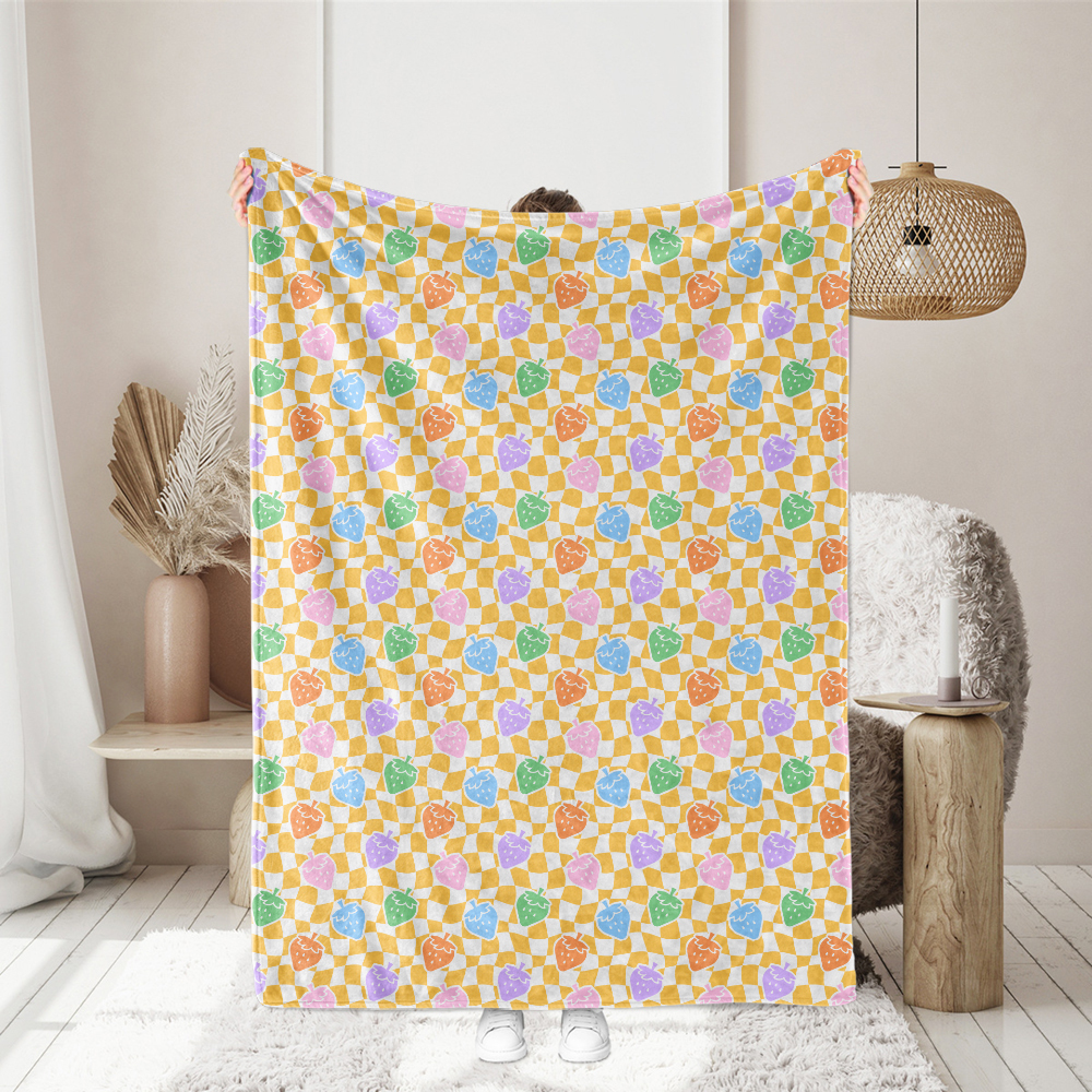 Various Colors Of Strawberries On Yellow Lattice Seamless Pattern - Custom Print Fabrics
