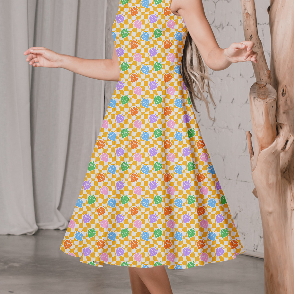 Various Colors Of Strawberries On Yellow Lattice Seamless Pattern - Custom Print Fabrics