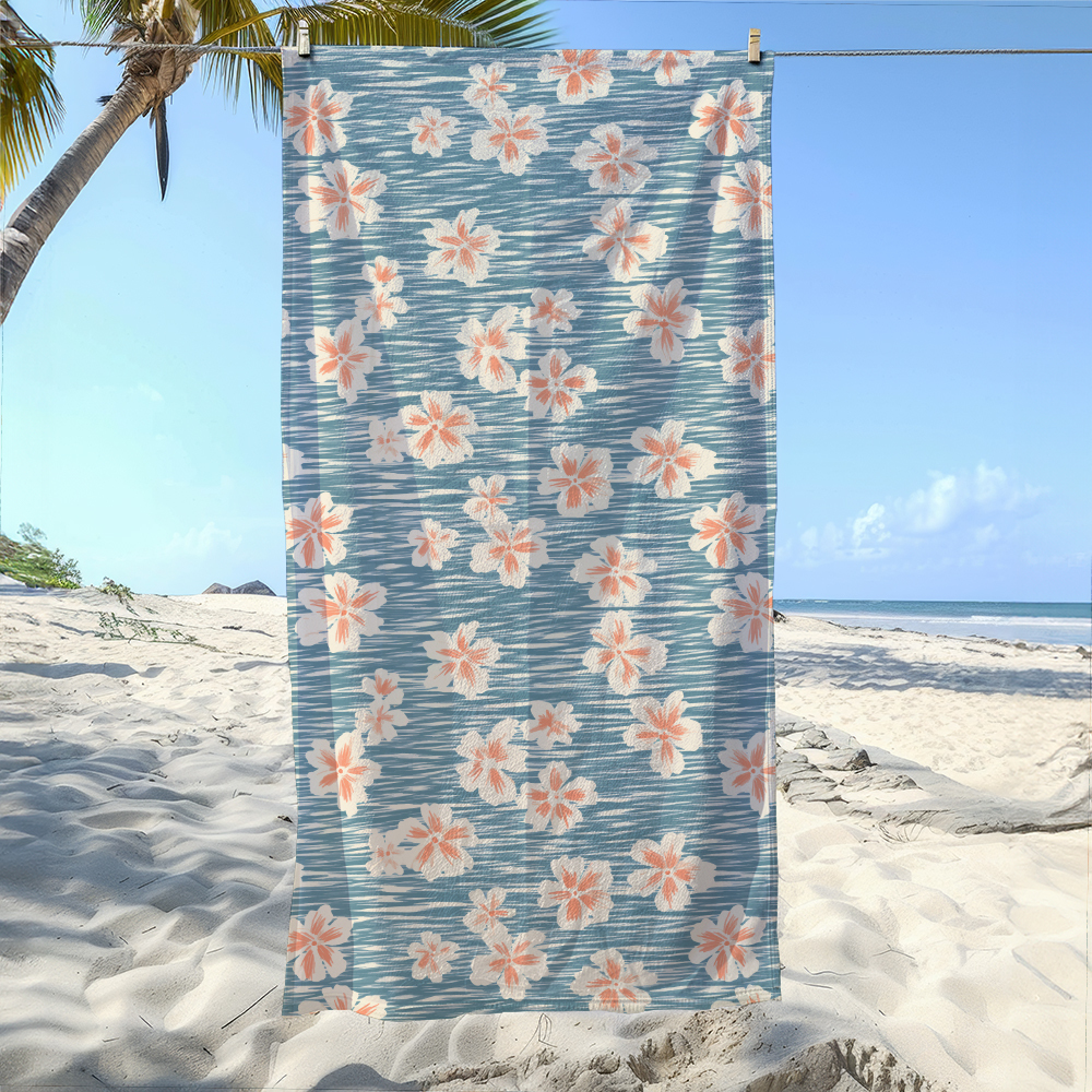 Beach Towel – Simple Line Peach Blossom on Light Blue BackGround