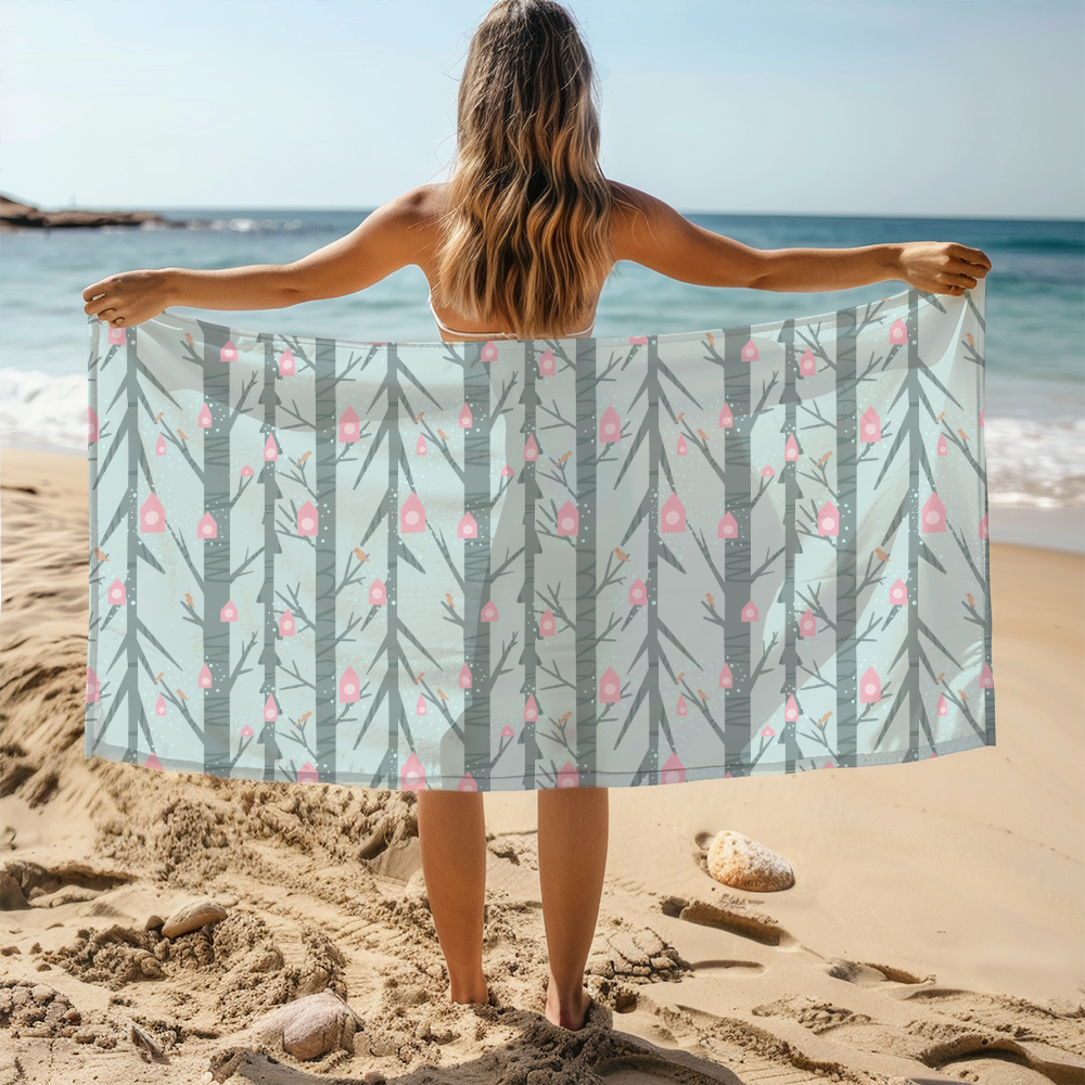 Beach Towel – Creeping Botanical Pink Birdhouse Garden
