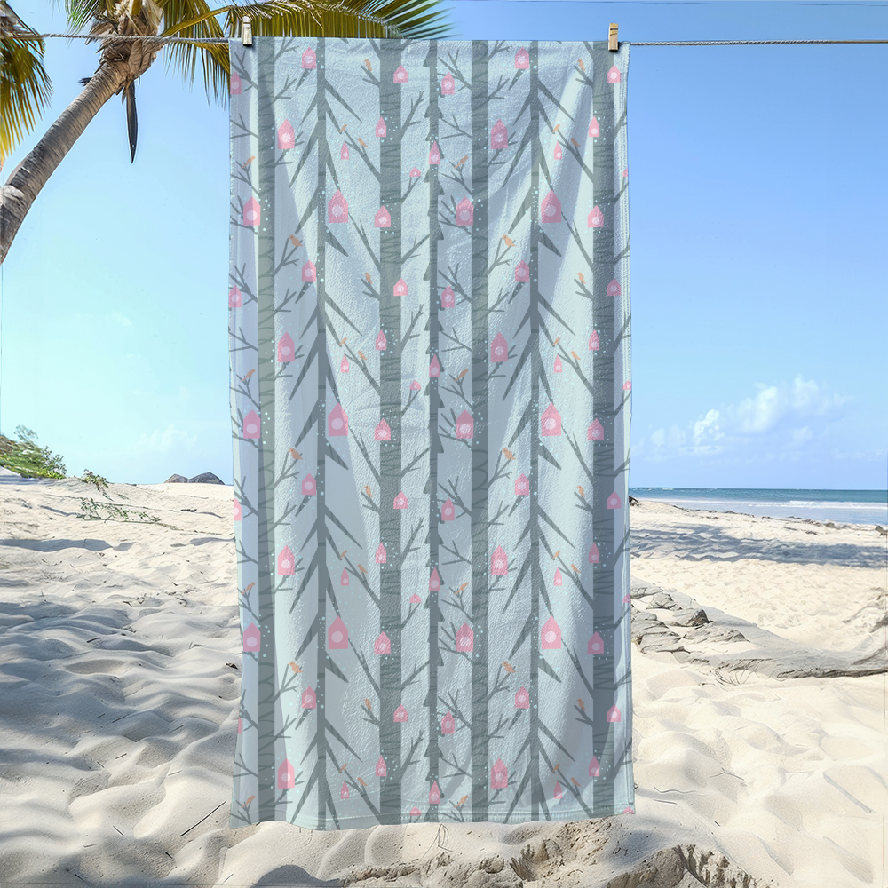 Beach Towel – Creeping Botanical Pink Birdhouse Garden