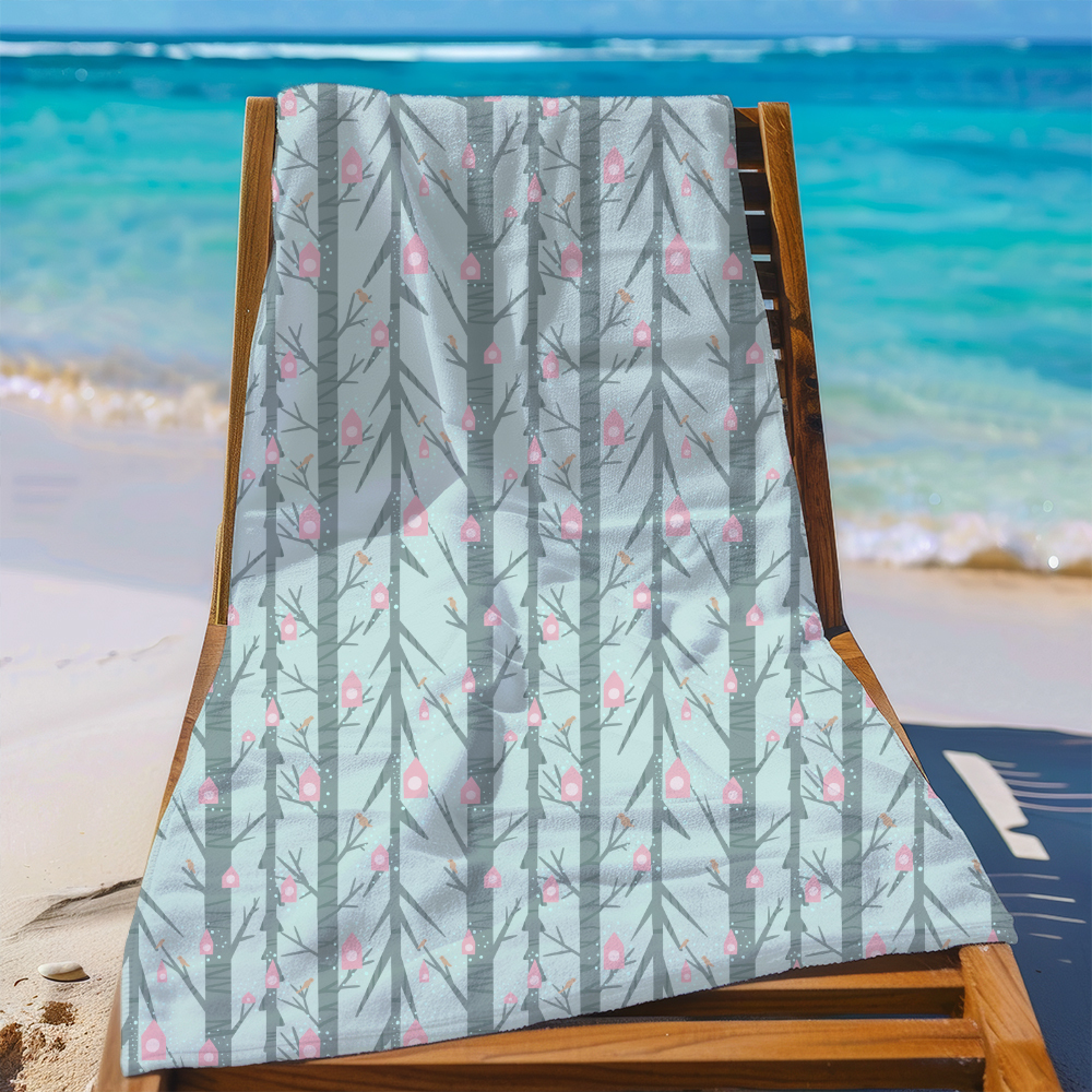 Beach Towel – Creeping Botanical Pink Birdhouse Garden
