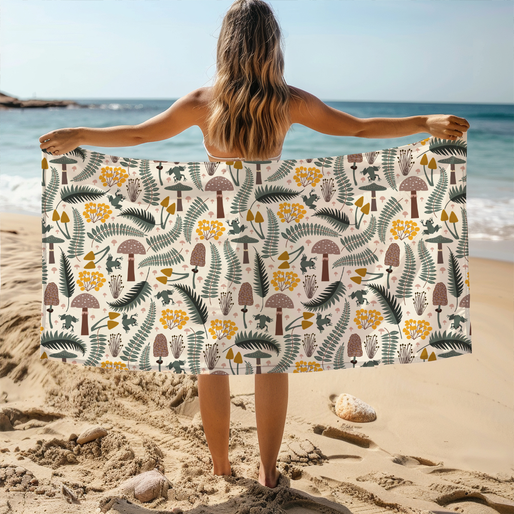 Beach Towel – Forest Frog & Mushroom Woodland Print