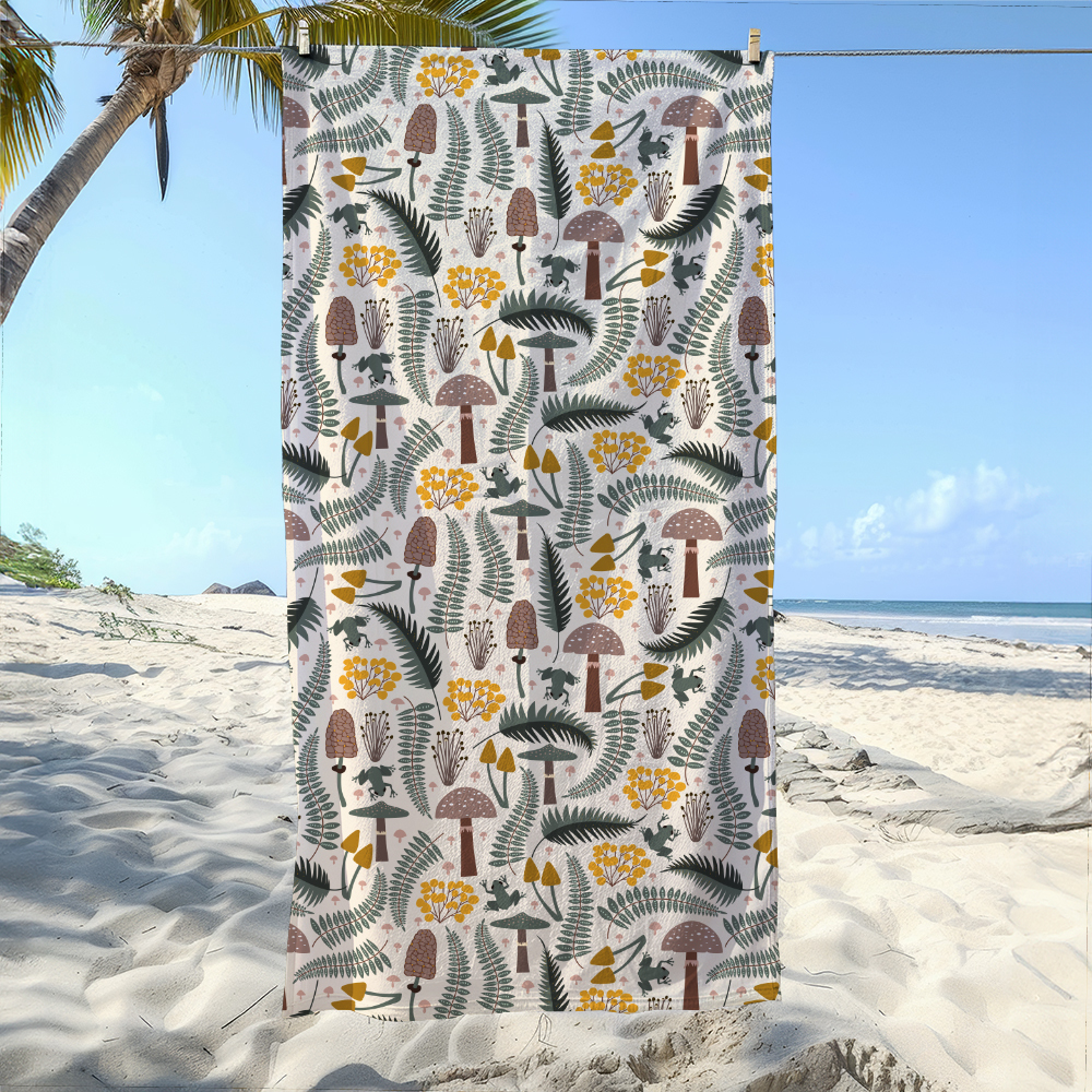 Beach Towel – Forest Frog & Mushroom Woodland Print
