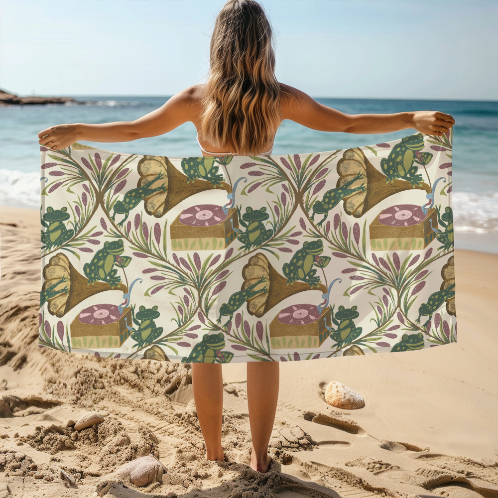 Beach Towel – Whimsical Musical Frog Band Cattail Meadow