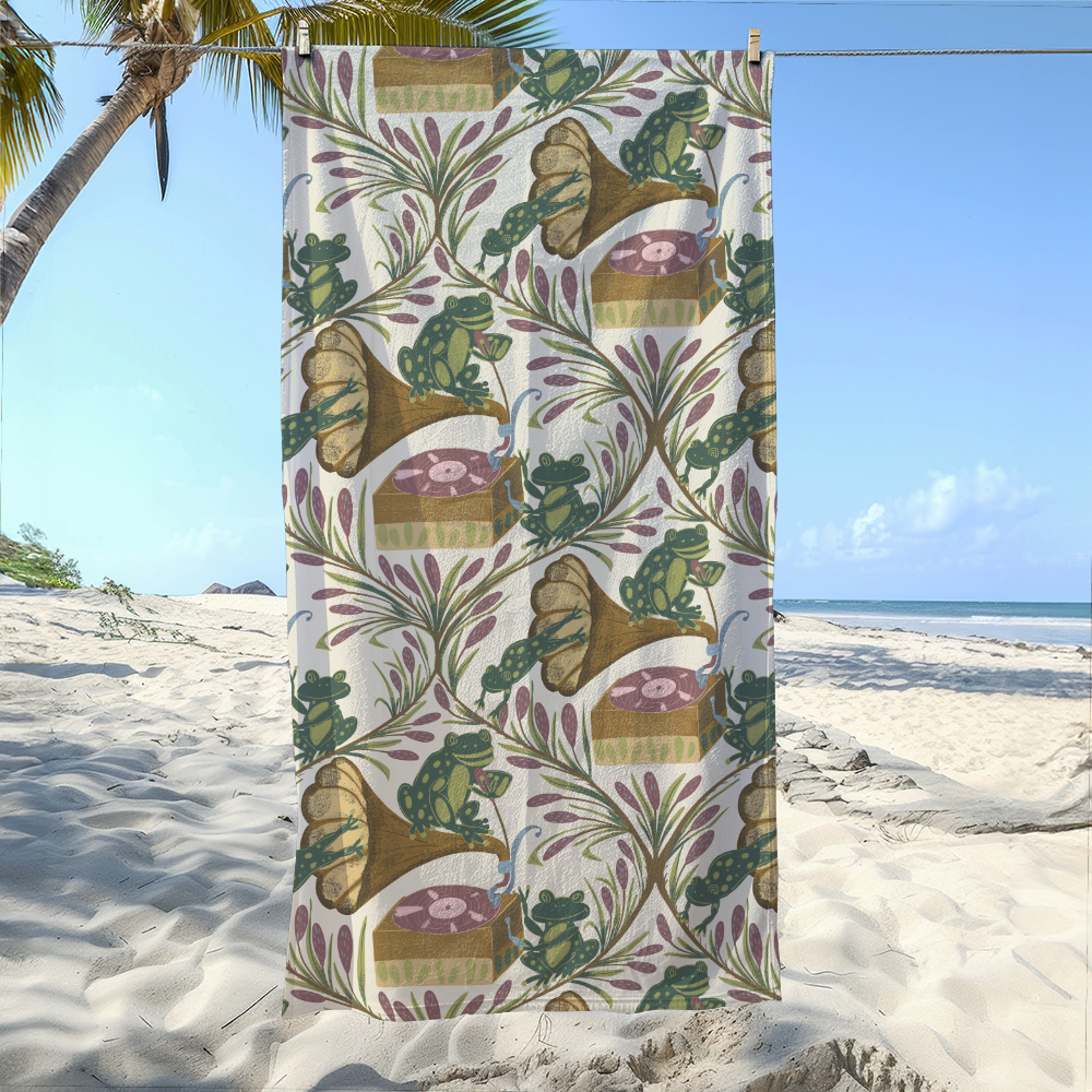 Beach Towel – Whimsical Musical Frog Band Cattail Meadow