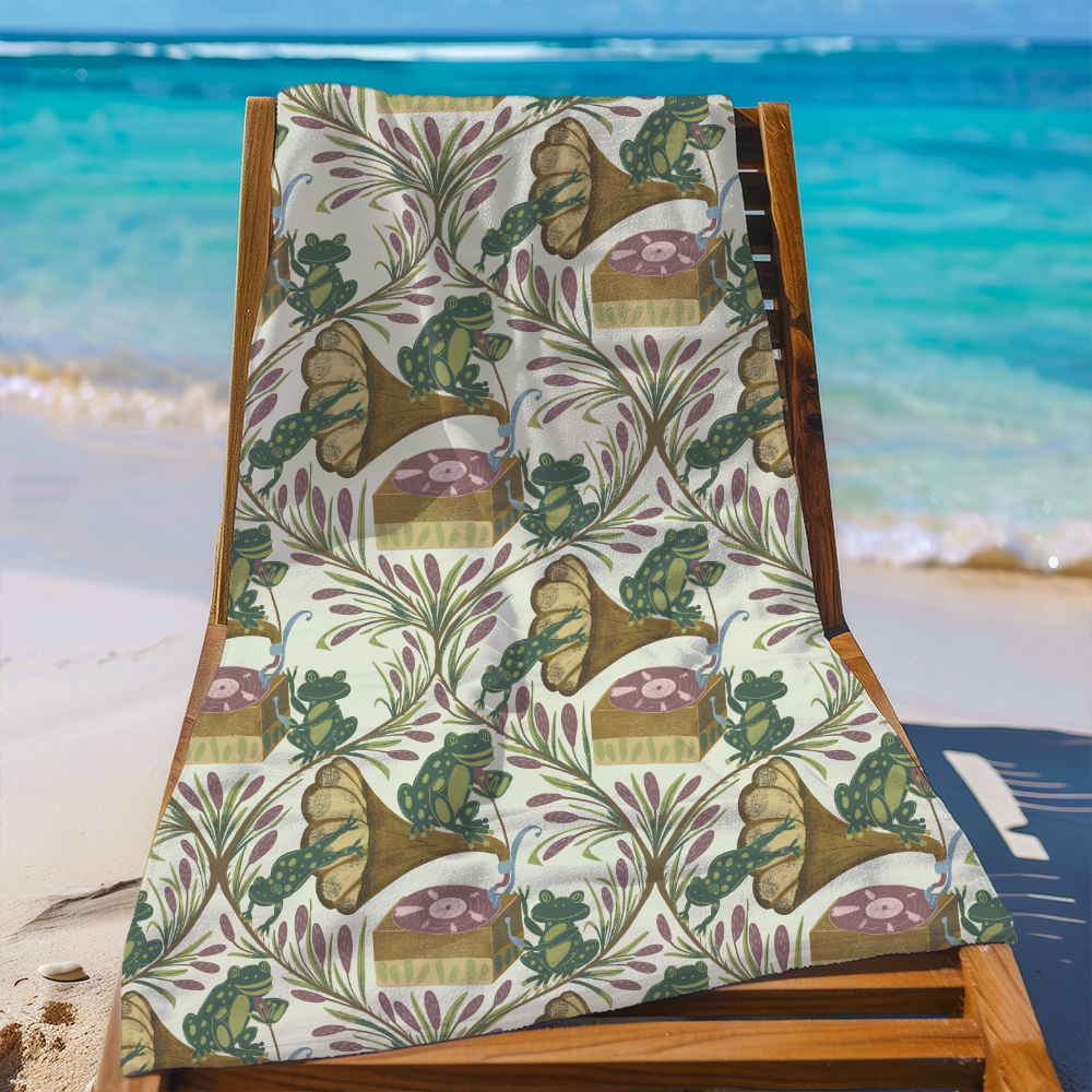 Beach Towel – Whimsical Musical Frog Band Cattail Meadow