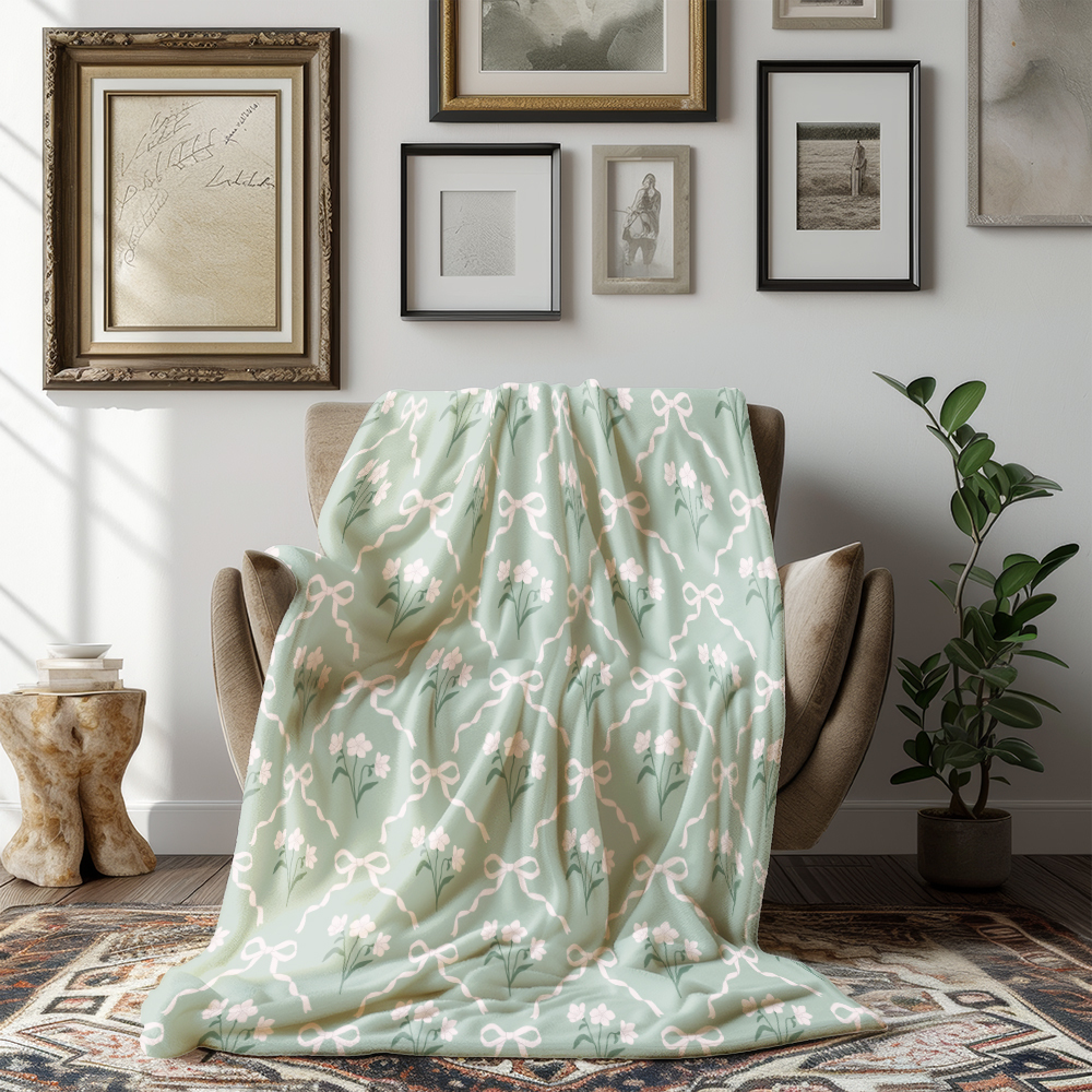 Throw Blanket – Cottage Garden Bow & Floral Pattern