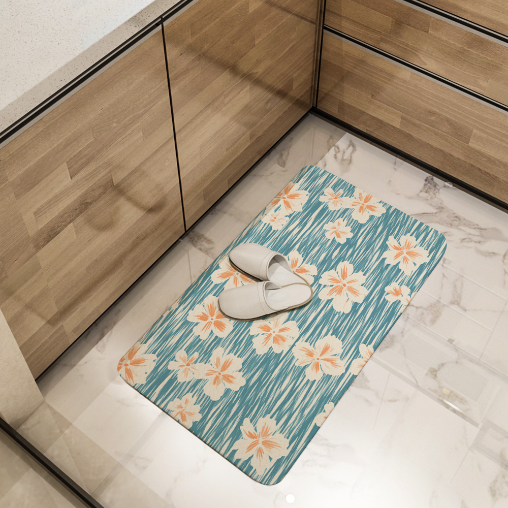 Kitchen Floor Mats – Simple Line Peach Blossom on Light Blue BackGround