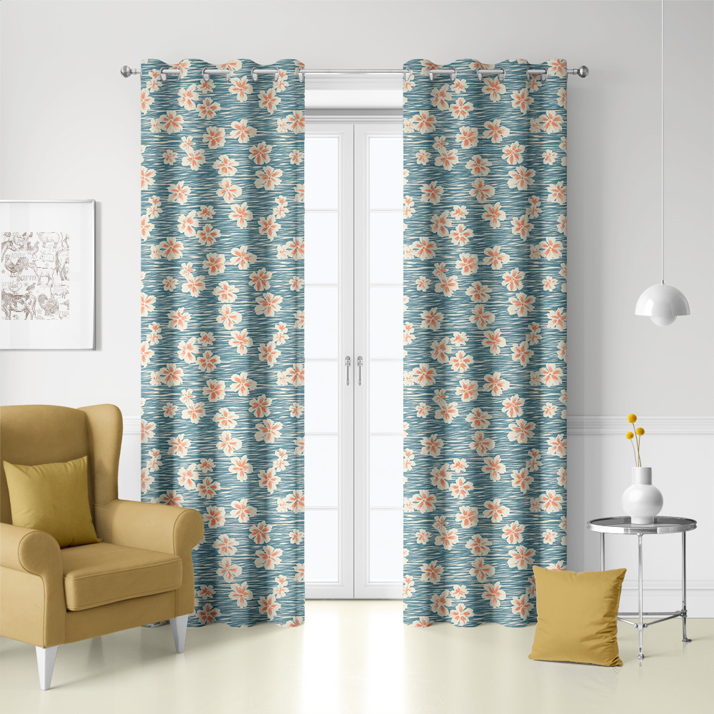 Curtain – Simple Line Peach Blossom on Light Blue BackGround