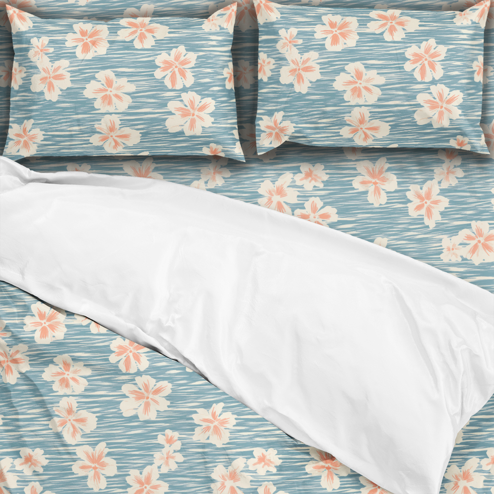 Bedding Set – Simple Line Peach Blossom on Light Blue BackGround