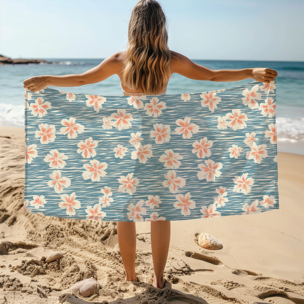Beach Towel – Simple Line Peach Blossom on Light Blue BackGround