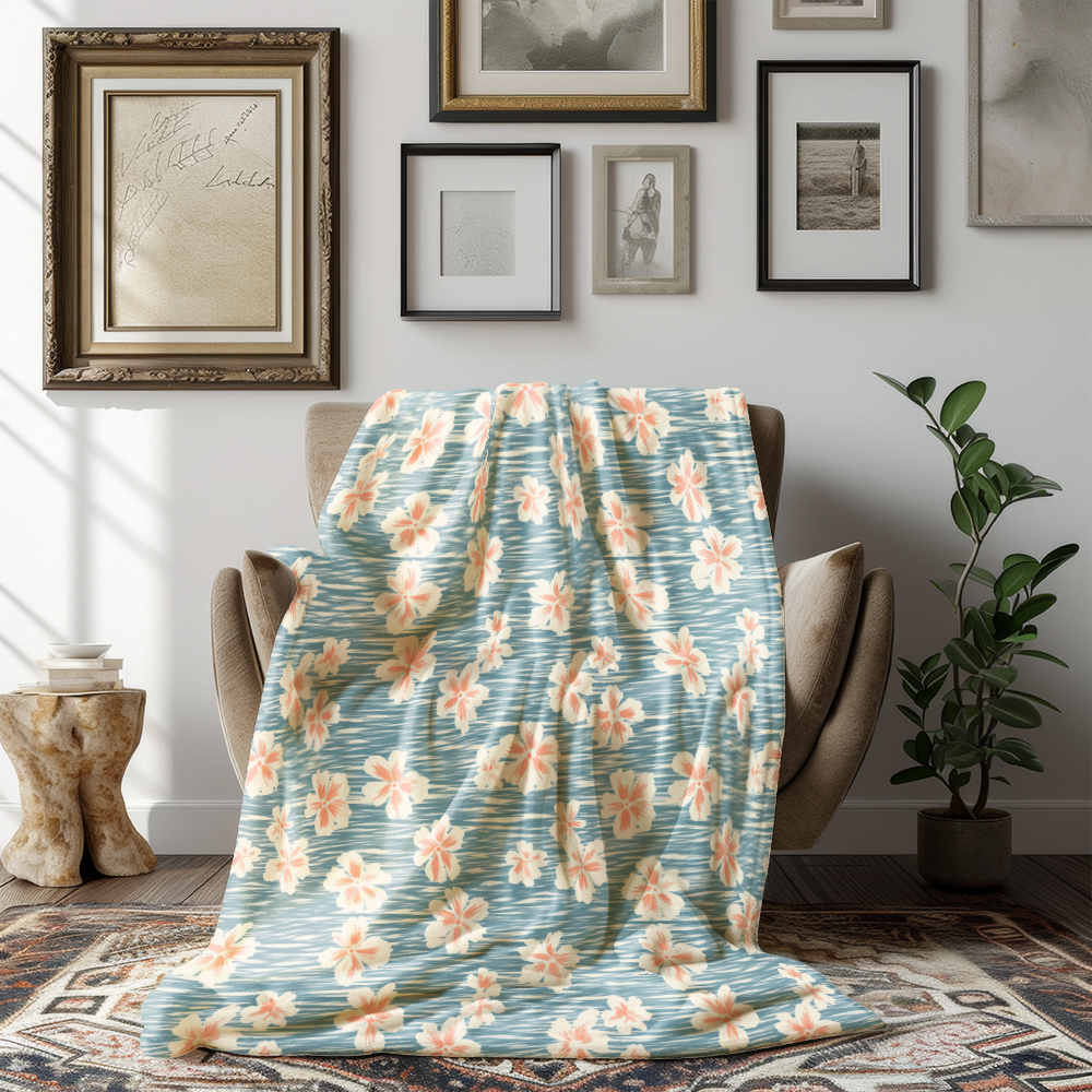 Throw Blanket – Simple Line Peach Blossom on Light Blue BackGround