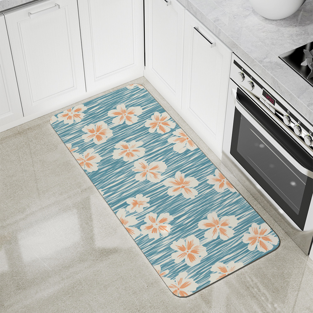 Kitchen Floor Mats – Simple Line Peach Blossom on Light Blue BackGround