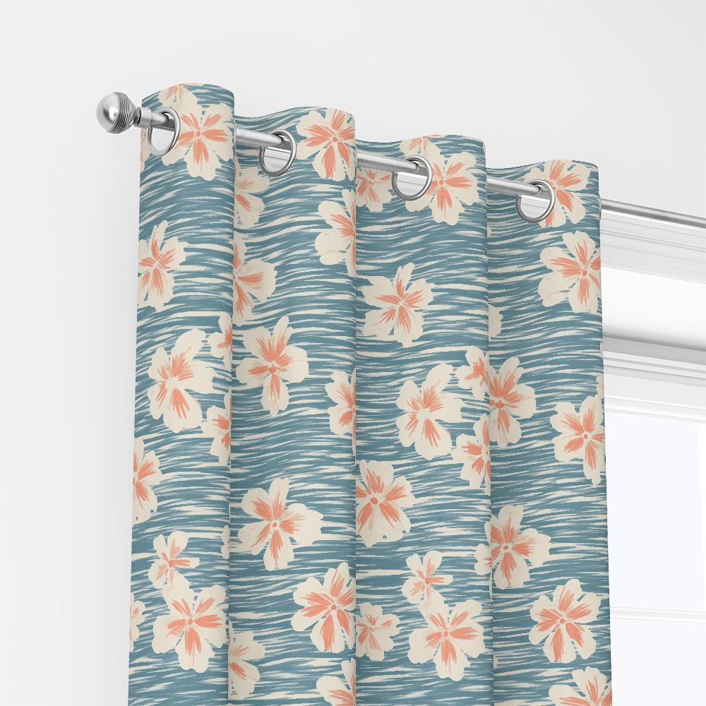 Curtain – Simple Line Peach Blossom on Light Blue BackGround