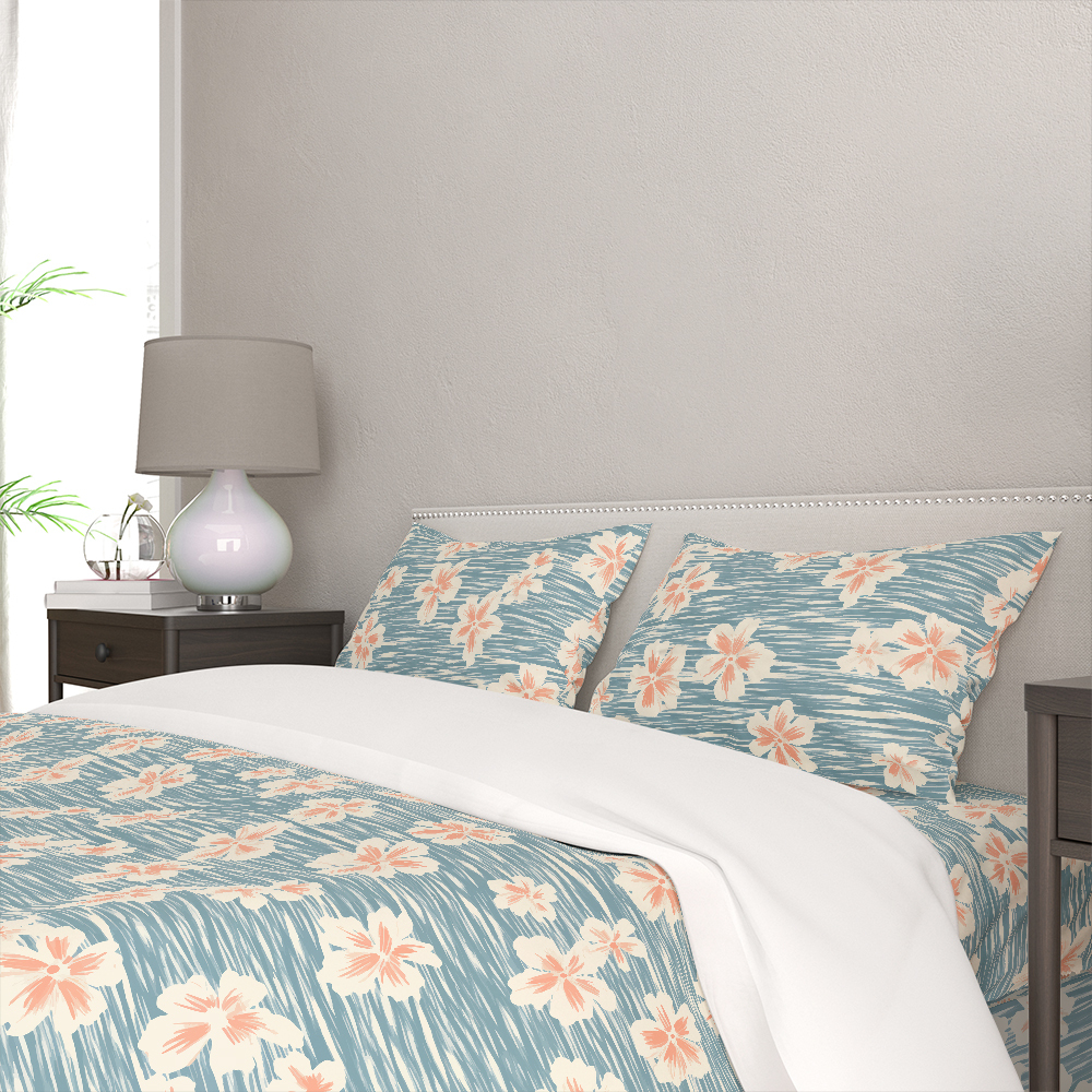Bedding Set – Simple Line Peach Blossom on Light Blue BackGround