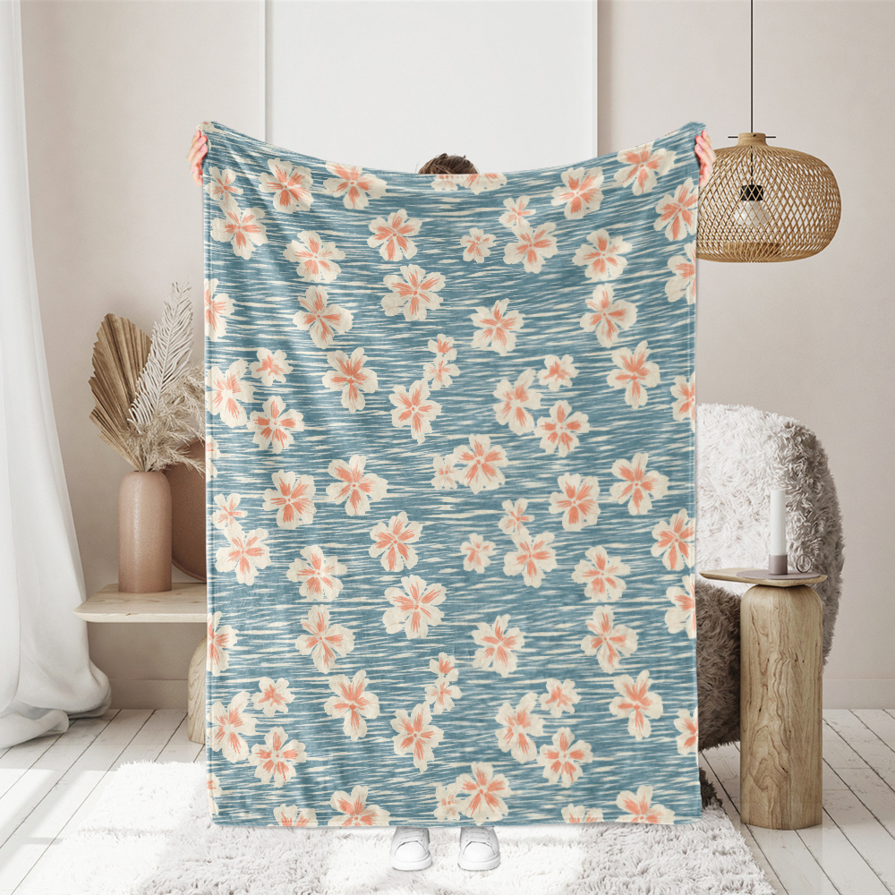 Throw Blanket – Simple Line Peach Blossom on Light Blue BackGround