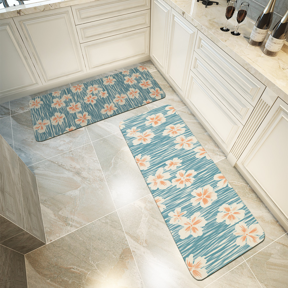 Kitchen Floor Mats – Simple Line Peach Blossom on Light Blue BackGround