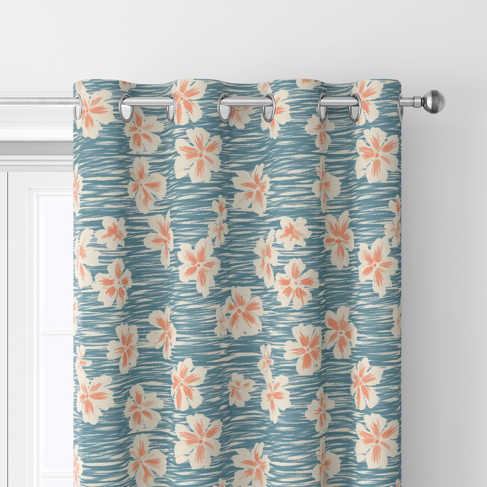 Curtain – Simple Line Peach Blossom on Light Blue BackGround