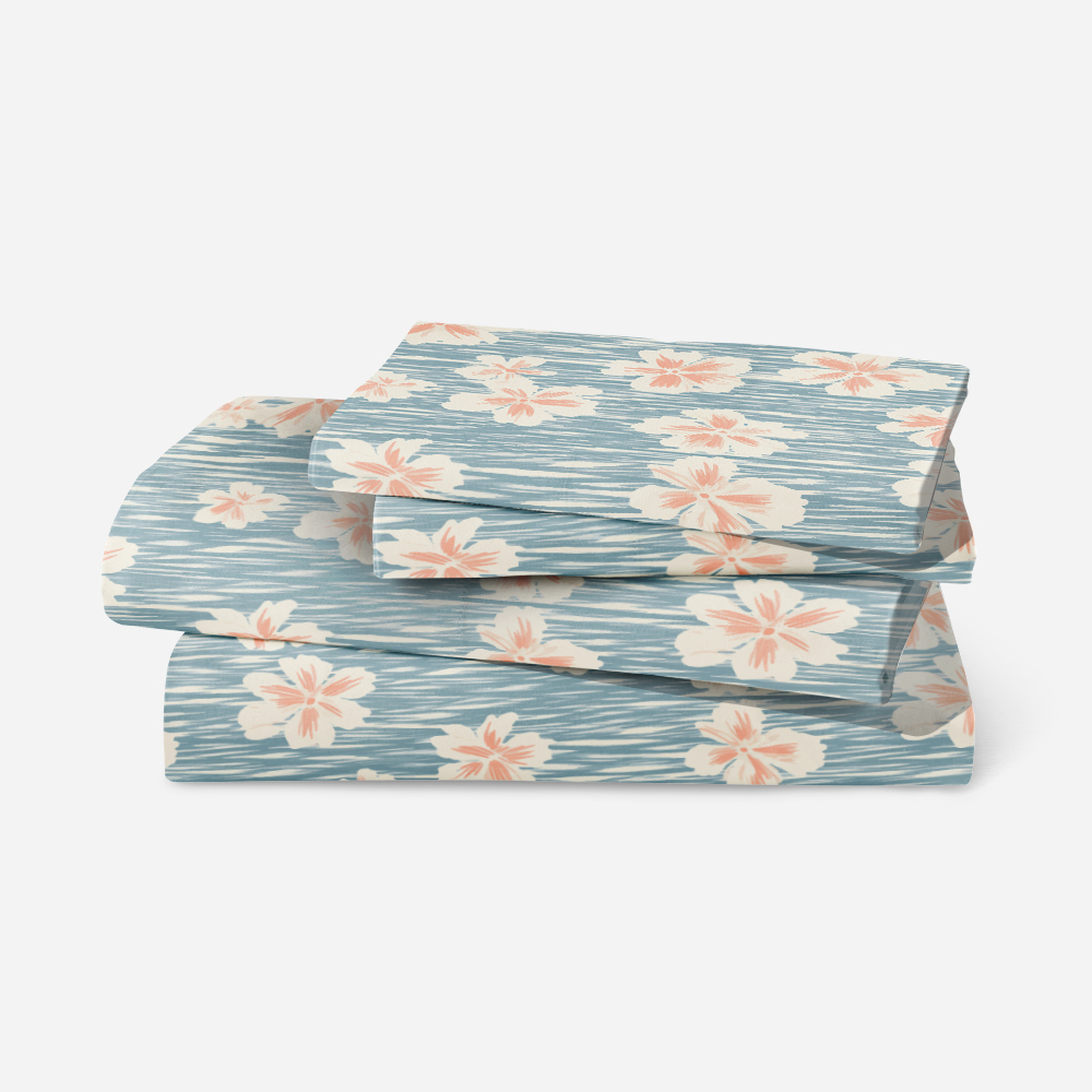 Bedding Set – Simple Line Peach Blossom on Light Blue BackGround