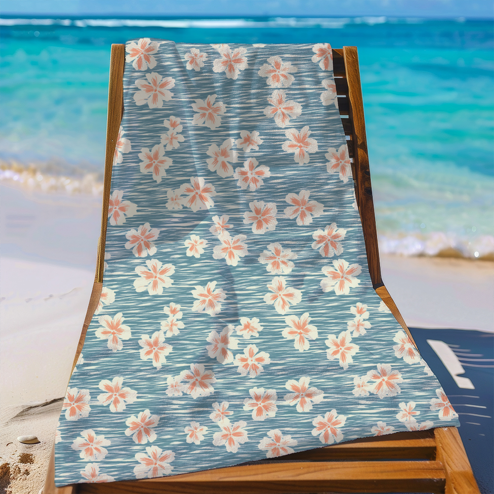 Beach Towel – Simple Line Peach Blossom on Light Blue BackGround