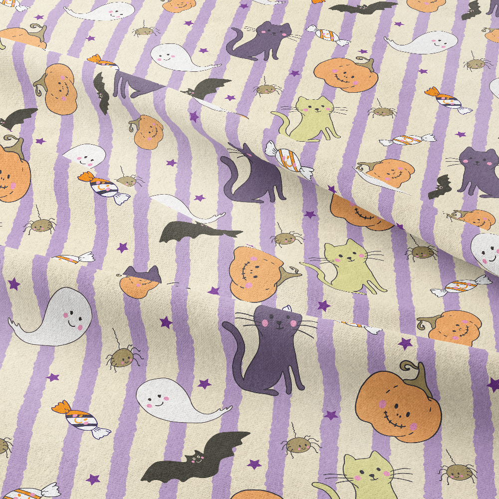 Halloween Cute Kawaii Design With Cats Ghosts Pumpkins Candy Bats And a Striped Background - Custom Print Fabrics
