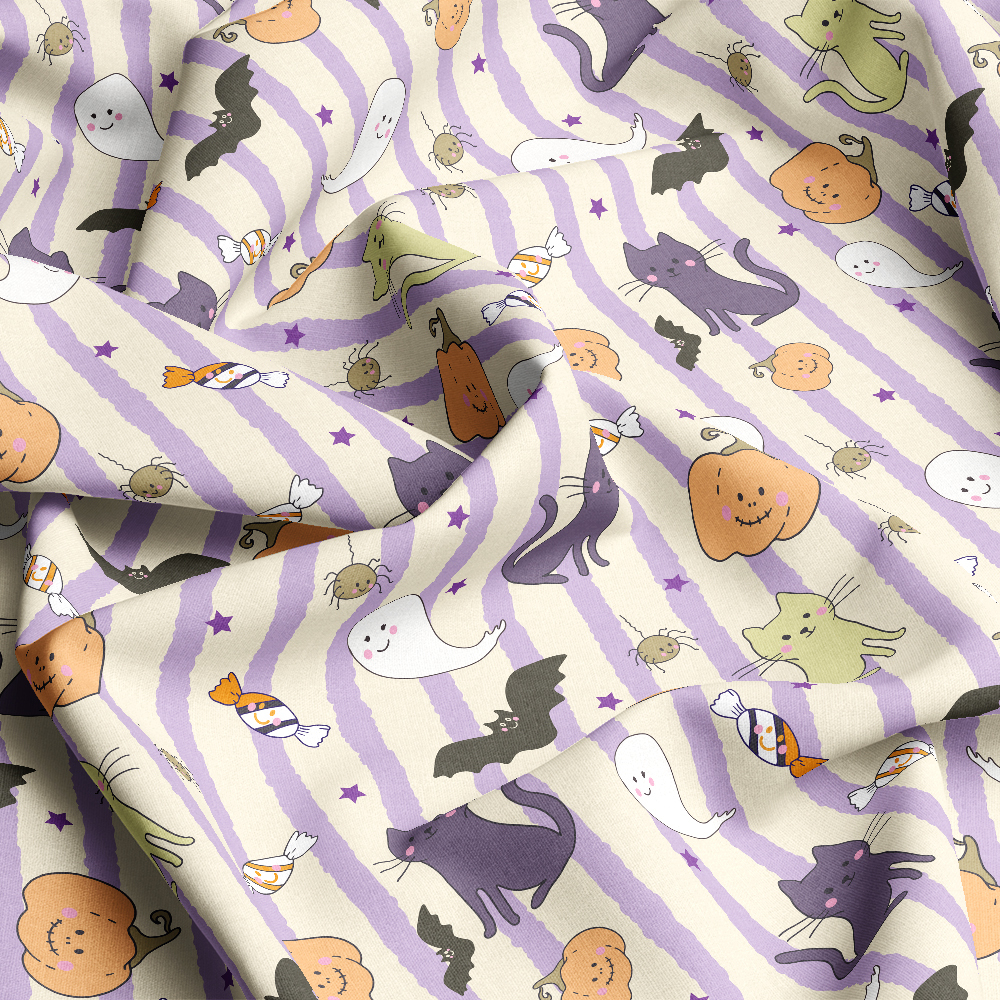Halloween Cute Kawaii Design With Cats Ghosts Pumpkins Candy Bats And a Striped Background - Custom Print Fabrics