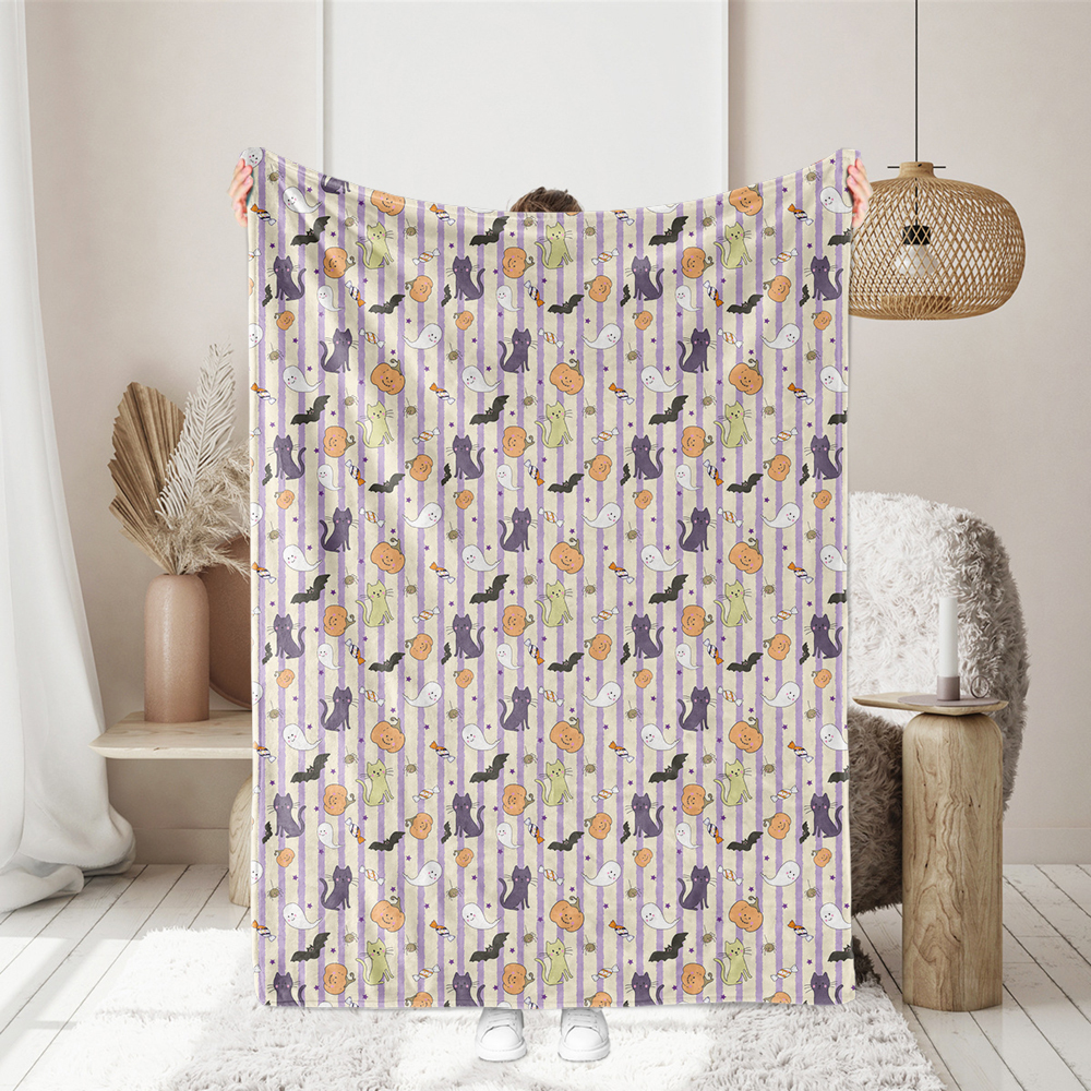 Halloween Cute Kawaii Design With Cats Ghosts Pumpkins Candy Bats And a Striped Background - Custom Print Fabrics