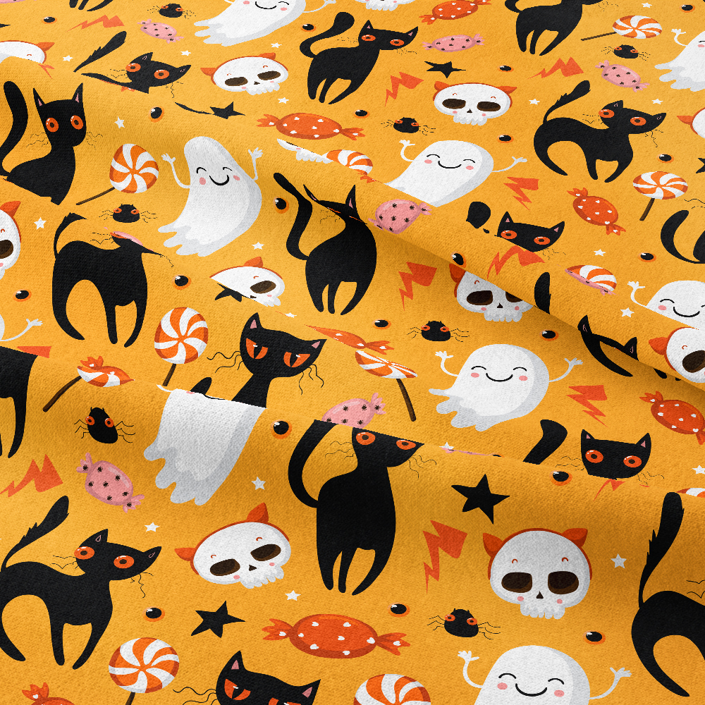 Halloween Pattern With Cute Black Cats Candy and Ghost - Custom Print Fabrics