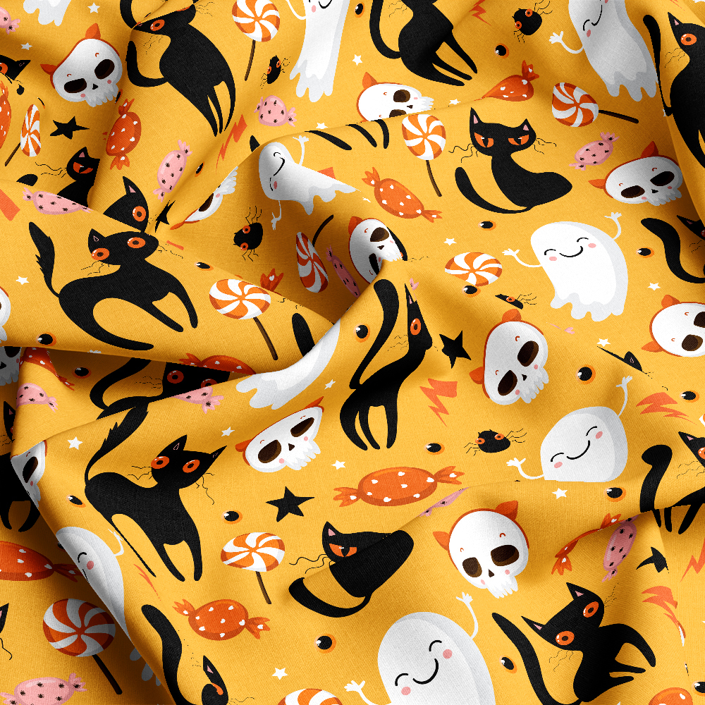 Halloween Pattern With Cute Black Cats Candy and Ghost - Custom Print Fabrics