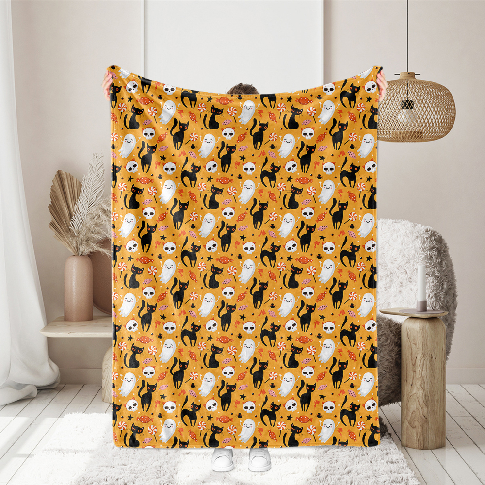 Halloween Pattern With Cute Black Cats Candy and Ghost - Custom Print Fabrics